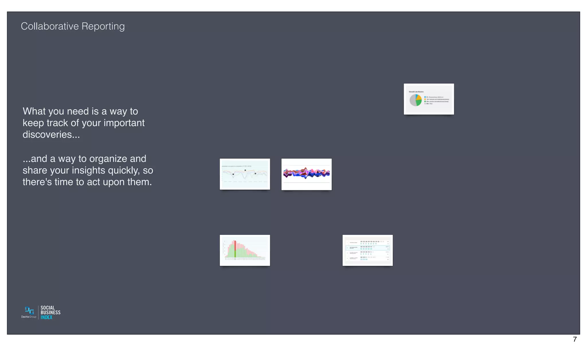 Collaborative Reporting




What you need is a way to
keep track of your important
discoveries...

...and a way to organize and
share your insights quickly, so
there's time to act upon them.




                                  7
 