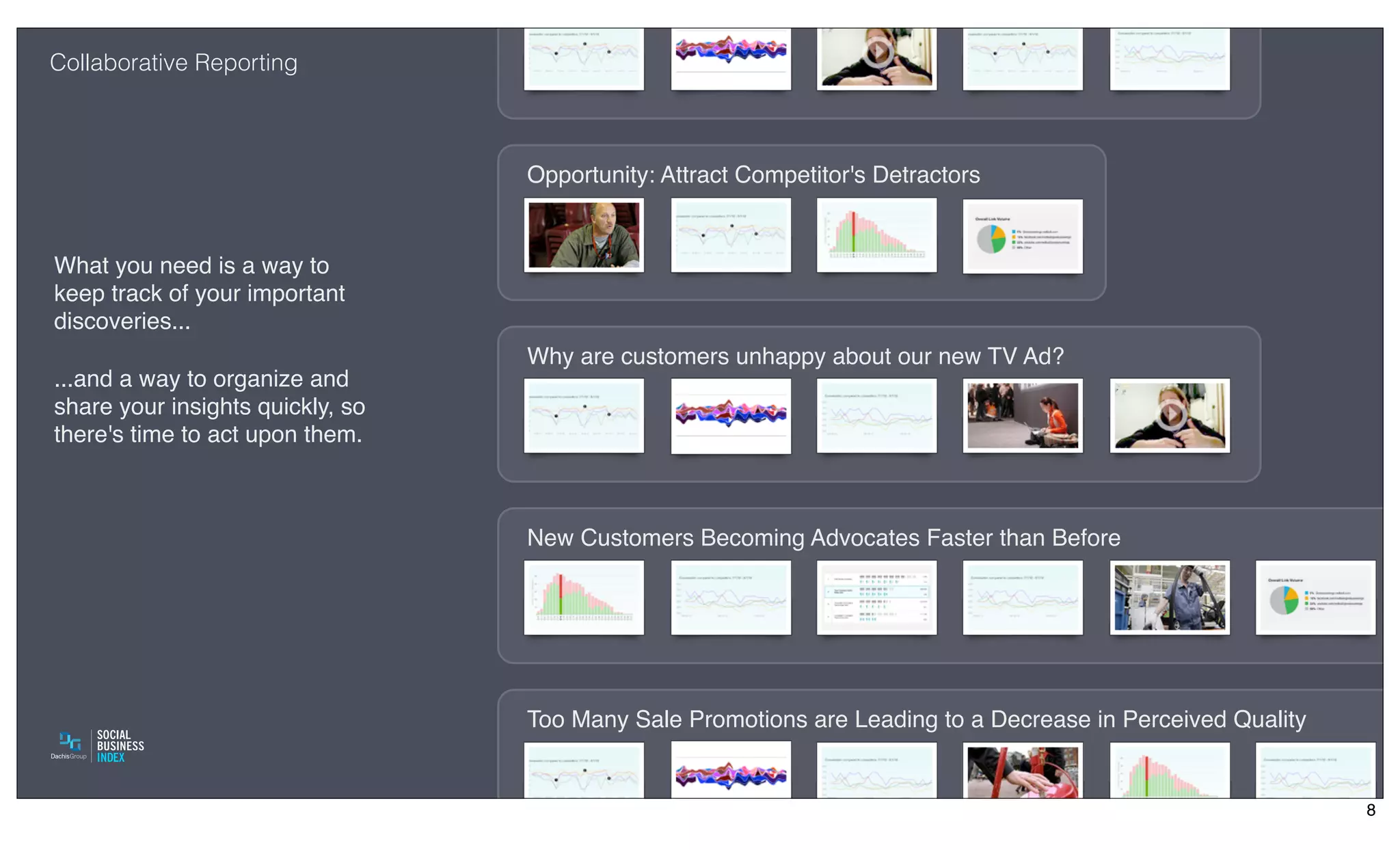 Collaborative Reporting



                                  Opportunity: Attract Competitor's Detractors


What you need is a way to
keep track of your important
discoveries...
                                  Why are customers unhappy about our new TV Ad?
...and a way to organize and
share your insights quickly, so
there's time to act upon them.



                                  New Customers Becoming Advocates Faster than Before




                                  Too Many Sale Promotions are Leading to a Decrease in Perceived Quality


                                                                                                            8
 