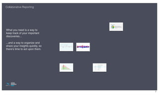 Collaborative Reporting




What you need is a way to
keep track of your important
discoveries...

...and a way to organize and
share your insights quickly, so
there's time to act upon them.




                                  7
 