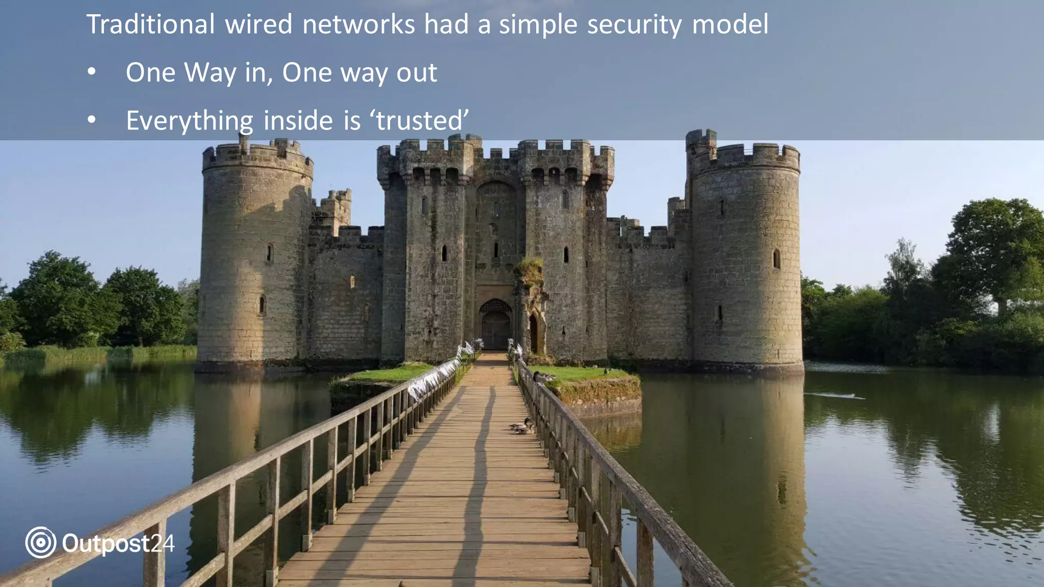 Traditional wired networks had a simple security model
• One Way in, One way out
• Everything inside is ‘trusted’
 