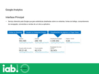 Google Analytics
Interface Principal
• Serviço oferecido pela Google que gera estatísticas detalhadas sobre os visitantes, fontes de tráfego, comportamento
de navegação, conversões e vendas de um site ou aplicativo.
Visitas ou Sessões Usuário ou Visitantes Únicos Visualizações de páginas ou Page Views
 