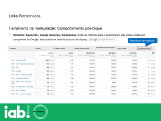 • Relatório: Aquisição / Google Adwords / Campanhas. Exibe as métricas para o desempenho das visitas vindas por
campanhas no Google, executadas na rede de busca e de display.
Ferramenta de mensuração: Comportamento pós-clique
Links Patrocinados
Resultado de negócio.
.
 
