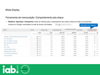 • Relatório: Aquisição / Campanhas. Exibe as métricas para o desempenho das visitas vindas por todas as campanhas,
inclusive no Google, executadas na rede de busca e de display.
Ferramenta de mensuração: Comportamento pós-clique
Resultado de negócio.
.
Mídia Display
 