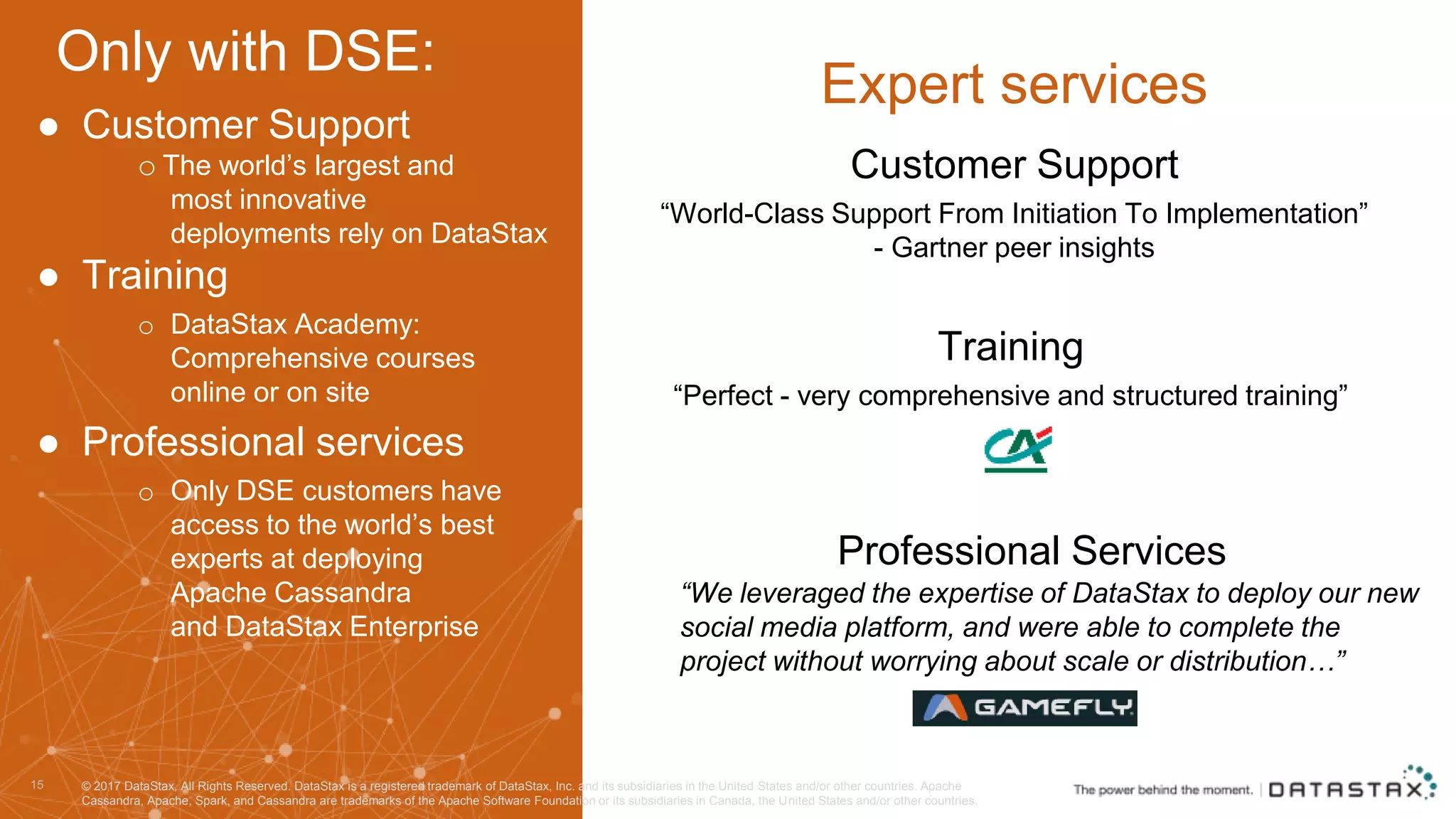 Training “Perfect - very comprehensive and structured training” Customer Support “World-Class Support From Initiation To Implementation” - Gartner peer insights 15 Expert services ● Customer Support o The world’s largest and most innovative deployments rely on DataStax ● Training o DataStax Academy: Comprehensive courses online or on site ● Professional services o Only DSE customers have access to the world’s best experts at deploying Apache Cassandra and DataStax Enterprise © 2017 DataStax, All Rights Reserved. DataStax is a registered trademark of DataStax, Inc. and its subsidiaries in the United States and/or other countries. Apache Cassandra, Apache, Spark, and Cassandra are trademarks of the Apache Software Foundation or its subsidiaries in Canada, the United States and/or other countries. “We leveraged the expertise of DataStax to deploy our new social media platform, and were able to complete the project without worrying about scale or distribution…” Professional Services Only with DSE: 