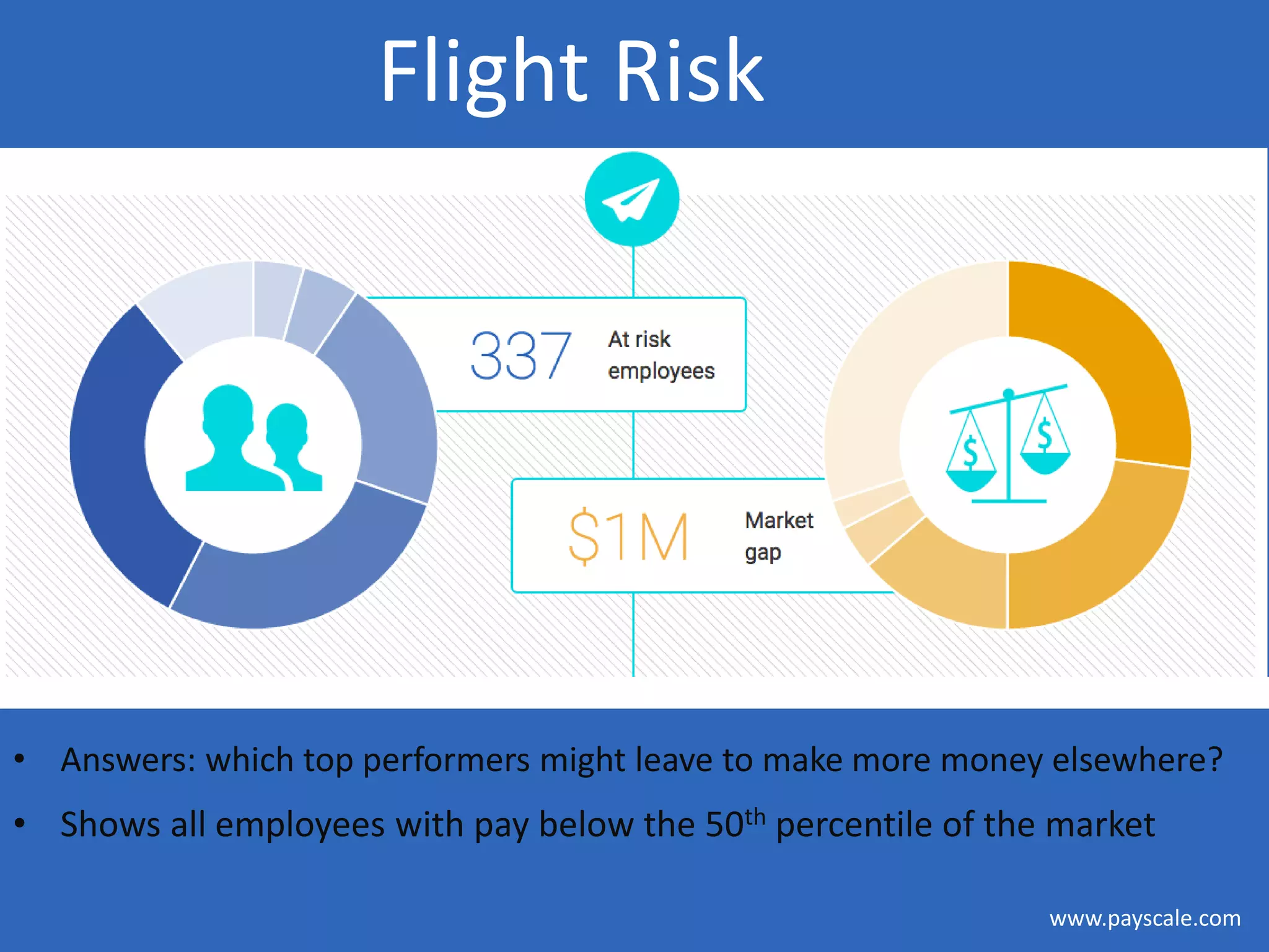 www.payscale.com
• Answers: which top performers might leave to make more money elsewhere?
• Shows all employees with pay below the 50th percentile of the market
Flight Risk
 