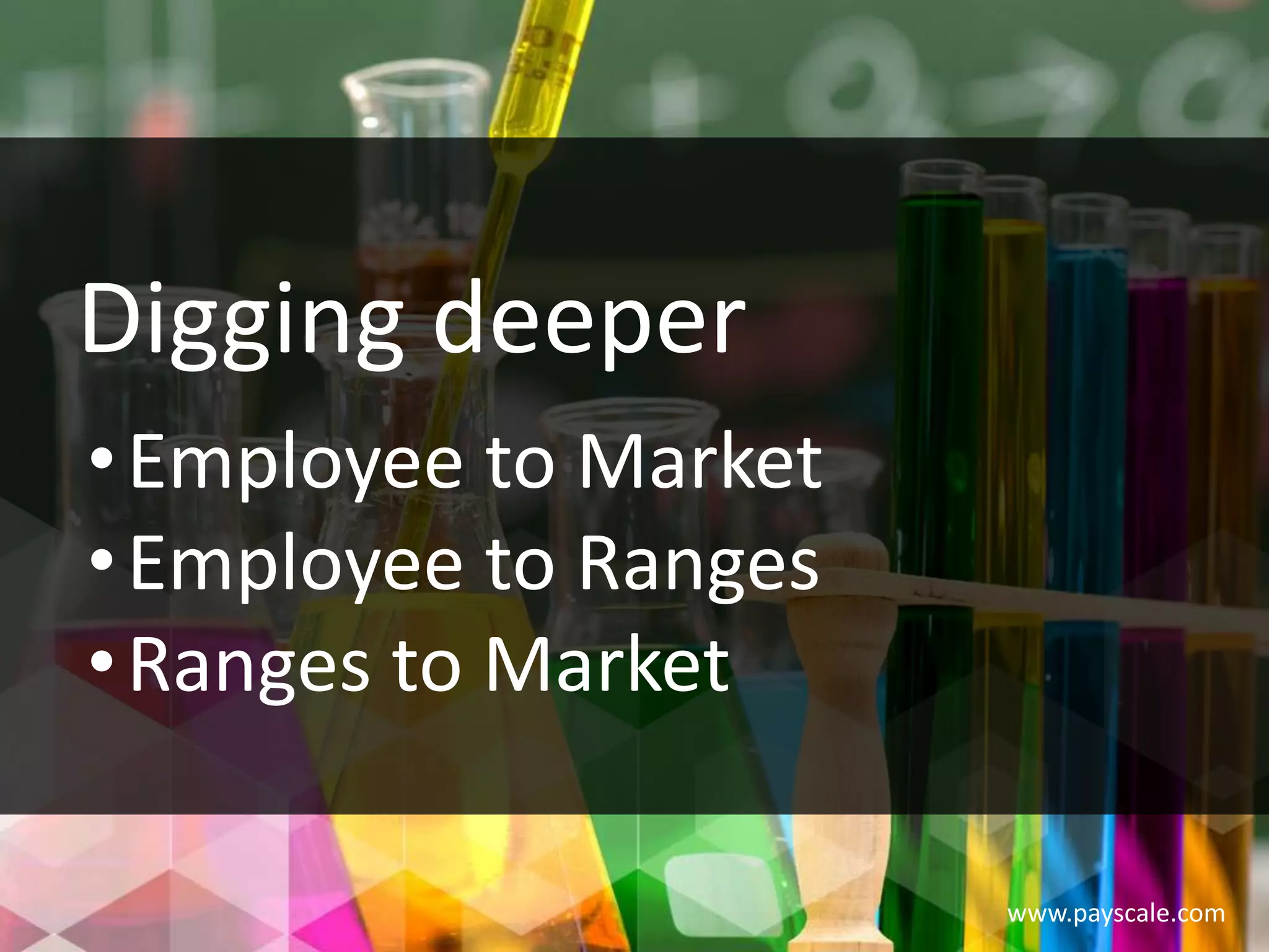 www.payscale.com
Digging deeper
•Employee to Market
•Employee to Ranges
•Ranges to Market
 