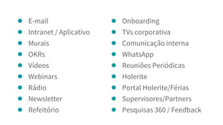 ● E-mail
● Intranet / Aplicativo
● Murais
● OKRs
● Vídeos
● Webinars
● Rádio
● Newsletter
● Refeitório
● Onboarding
● TVs corporativa
● Comunicação interna
● WhatsApp
● Reuniões Periódicas
● Holerite
● Portal Holerite/Férias
● Supervisores/Partners
● Pesquisas 360 / Feedback
 