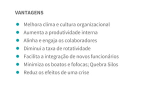 VANTAGENS
● Melhora clima e cultura organizacional
● Aumenta a produtividade interna
● Alinha e engaja os colaboradores
● Diminui a taxa de rotatividade
● Facilita a integração de novos funcionários
● Minimiza os boatos e fofocas; Quebra Silos
● Reduz os efeitos de uma crise
 