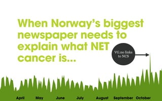 When Norway’s biggest
newspaper needs to
explain what NET
cancer is...
VG.no links
to NCS

April

May

June

July

August

September October

 