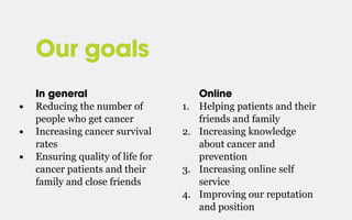 Our goals
•
•
•

In general
Reducing the number of
people who get cancer
Increasing cancer survival
rates
Ensuring quality of life for
cancer patients and their
family and close friends

1.
2.

3.
4.

Online
Helping patients and their
friends and family
Increasing knowledge
about cancer and
prevention
Increasing online self
service
Improving our reputation
and position

 