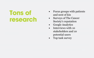 Tons of
research

•
•
•
•
•

Focus groups with patients
and next of kin
Surveys of The Cancer
Society’s reputation
Google Analytics
Interviews with 10
stakeholders and 10
potential users
Top task survey

 