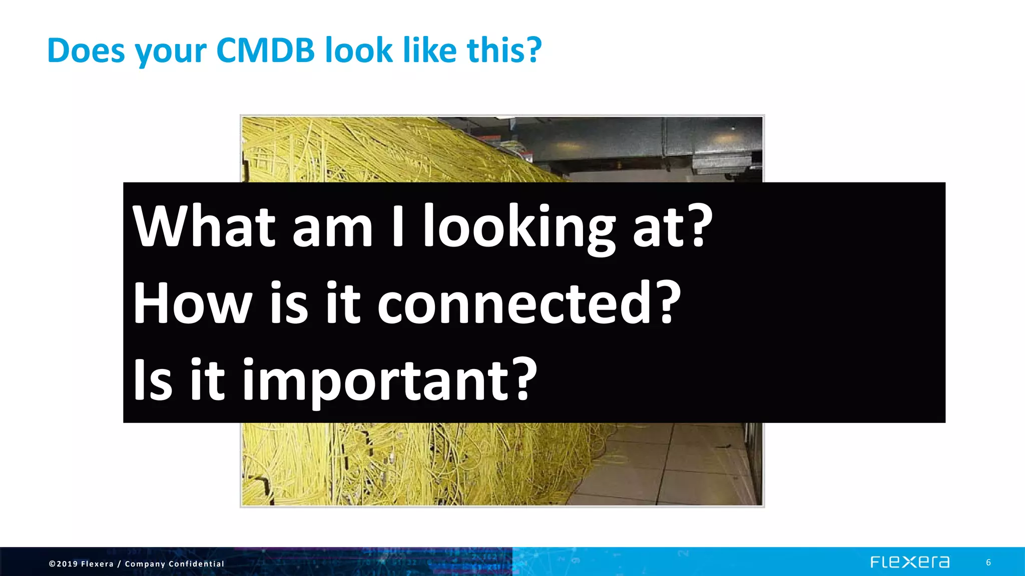 ©2019 Flexera / Company Confidential 6
Does your CMDB look like this?
What am I looking at?
How is it connected?
Is it important?
 