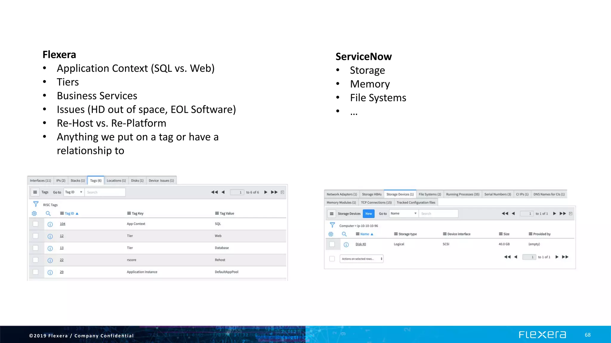 ©2019 Flexera / Company Confidential 68
ServiceNow
• Storage
• Memory
• File Systems
• …
Flexera
• Application Context (SQL vs. Web)
• Tiers
• Business Services
• Issues (HD out of space, EOL Software)
• Re-Host vs. Re-Platform
• Anything we put on a tag or have a
relationship to
 