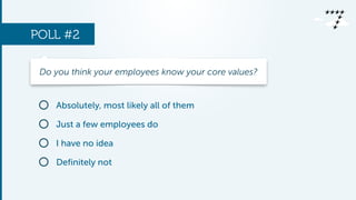 POLL #2 
Do you think your employees know your core values? 
Absolutely, most likely all of them 
Just a few employees do 
I have no idea 
Definitely not 
 