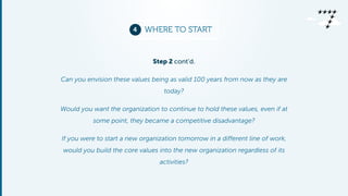 4 WHERE TO START 
Step 2 cont’d. 
Can you envision these values being as valid 100 years from now as they are 
today? 
Would you want the organization to continue to hold these values, even if at 
some point, they became a competitive disadvantage? 
If you were to start a new organization tomorrow in a different line of work, 
would you build the core values into the new organization regardless of its 
activities? 
 