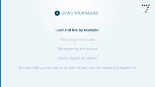 5 LIVING YOUR VALUES 
Lead and live by example! 
Teaching the values 
Recognizing the values 
Hiring based on values 
Incorporating core values as part of your performance management 
 