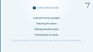 5 LIVING YOUR VALUES 
Lead and live by example! 
Teaching the values 
Recognizing the values 
Hiring based on values 
Incorporating core values as part of your performance management 
 