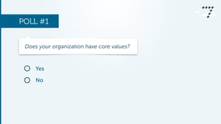 POLL #1 
Does your organization have core values? 
Yes 
No 
 