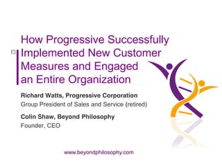 www.beyondphilosophy.com
How Progressive Successfully
Implemented New Customer
Measures and Engaged
an Entire Organization
Richard Watts, Progressive Corporation
Group President of Sales and Service (retired)
Colin Shaw, Beyond Philosophy
Founder, CEO
 