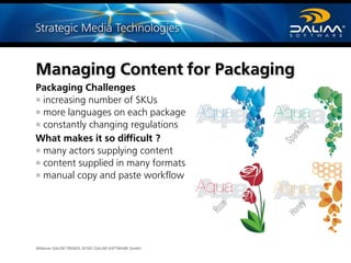 Webinar DALIM TRENDS 2016© DALIM SOFTWARE GmbH
Packaging Challenges
increasing number of SKUs
more languages on each package
constantly changing regulations
What makes it so difficult ?
many actors supplying content
content supplied in many formats
manual copy and paste workflow
Managing Content for Packaging
AquaAqua
AquaAquaAquaAqua
Rose
Rose
AquaAquaAqua
Sparkling
AquaAquaAqua
Honey
 