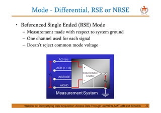 Mode - Differential, RSE or NRSE
22
• Referenced Single Ended (RSE) Mode
– Measurement made with respect to system ground
– One channel used for each signal
– Doesn’t reject common mode voltage
Webinar on Demystifying Data Acquisition: Access Data Through LabVIEW, MATLAB and Simulink
 
