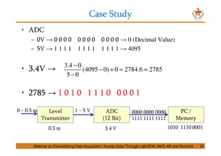 Case Study
26
• ADC
– 0V → 0 0 0 0 0 0 0 0 0 0 0 0 → 0 (Decimal Value)
– 5V → 1 1 1 1 1 1 1 1 1 1 1 1 → 4095
• 3.4V →
• 2785 → 1 0 1 0 1 1 1 0 0 0 0 1
3.4 0
(4095 0) 0 2784.6 2785
5 0
−
− + = ≈
−
Level
Transmitter
0 – 0.5 m ADC
(12 Bit)
1 – 5 V PC /
Memory
0000 0000 0000
1111 1111 1111
0.3 m 3.4 V 1010 1110 0001
Webinar on Demystifying Data Acquisition: Access Data Through LabVIEW, MATLAB and Simulink
 