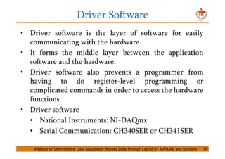 Driver Software
• Driver software is the layer of software for easily
communicating with the hardware.
• It forms the middle layer between the application
software and the hardware.
• Driver software also prevents a programmer from
having to do register-level programming or
complicated commands in order to access the hardware
functions.
• Driver software
• National Instruments: NI-DAQmx
• Serial Communication: CH340SER or CH341SER
Webinar on Demystifying Data Acquisition: Access Data Through LabVIEW, MATLAB and Simulink 36
 