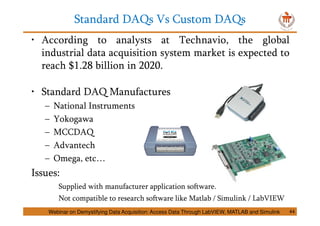 Standard DAQs Vs Custom DAQs
44
• According to analysts at Technavio, the global
industrial data acquisition system market is expected to
reach $1.28 billion in 2020.
• Standard DAQ Manufactures
– National Instruments
– Yokogawa
– MCCDAQ
– Advantech
– Omega, etc…
Issues:
Supplied with manufacturer application software.
Not compatible to research software like Matlab / Simulink / LabVIEW
Webinar on Demystifying Data Acquisition: Access Data Through LabVIEW, MATLAB and Simulink
 