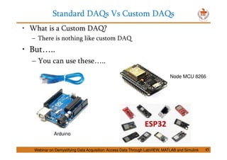 Standard DAQs Vs Custom DAQs
45
• What is a Custom DAQ?
– There is nothing like custom DAQ
• But…..
– You can use these…..
Arduino
Node MCU 8266
Webinar on Demystifying Data Acquisition: Access Data Through LabVIEW, MATLAB and Simulink
 