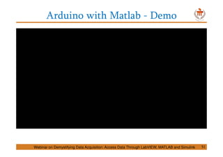 Arduino with Matlab - Demo
Webinar on Demystifying Data Acquisition: Access Data Through LabVIEW, MATLAB and Simulink 51
 