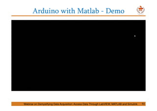 Arduino with Matlab - Demo
Webinar on Demystifying Data Acquisition: Access Data Through LabVIEW, MATLAB and Simulink 53
 
