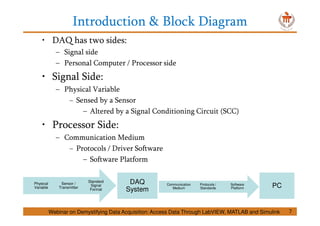 Introduction & Block Diagram
7
• DAQ has two sides:
– Signal side
– Personal Computer / Processor side
• Signal Side:
– Physical Variable
− Sensed by a Sensor
– Altered by a Signal Conditioning Circuit (SCC)
• Processor Side:
– Communication Medium
− Protocols / Driver Software
– Software Platform
Standard
Signal
Format
Sensor /
Transmitter
Physical
Variable
DAQ
System
Software
Platform
Protocols /
Standards
Communication
Medium PC
Webinar on Demystifying Data Acquisition: Access Data Through LabVIEW, MATLAB and Simulink
 