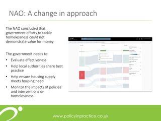 The NAO concluded that
government efforts to tackle
homelessness could not
demonstrate value for money
The government needs to:
• Evaluate effectiveness
• Help local authorities share best
practice
• Help ensure housing supply
meets housing need
• Monitor the impacts of policies
and interventions on
homelessness
NAO: A change in approach
 