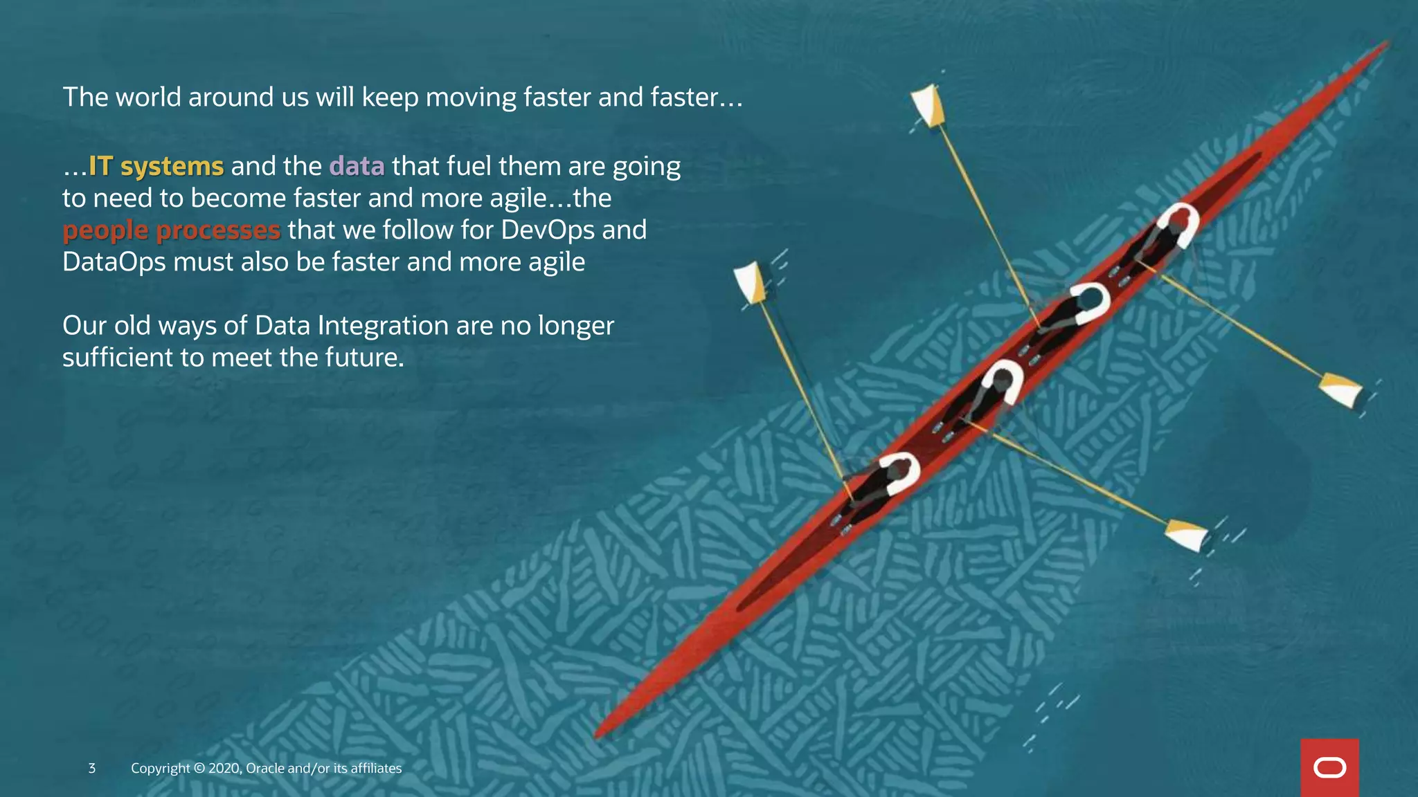 The world around us will keep moving faster and faster…
…IT systems and the data that fuel them are going
to need to become faster and more agile…the
people processes that we follow for DevOps and
DataOps must also be faster and more agile
Our old ways of Data Integration are no longer
sufficient to meet the future.
Copyright © 2020, Oracle and/or its affiliates3
 