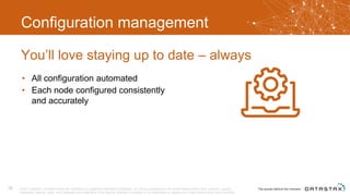 Configuration management
• All configuration automated
• Each node configured consistently
and accurately
You’ll love staying up to date – always
© 2017 DataStax, All Rights Reserved. DataStax is a registered trademark of DataStax, Inc. and its subsidiaries in the United States and/or other countries. Apache
Cassandra, Apache, Spark, and Cassandra are trademarks of the Apache Software Foundation or its subsidiaries in Canada, the United States and/or other countries.
16
 