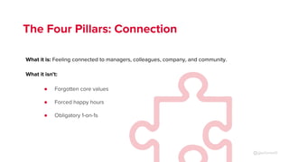 The Four Pillars: Connection
What it is: Feeling connected to managers, colleagues, company, and community.
What it isn't:...