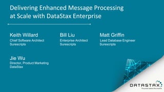 Delivering Enhanced Message Processing
at Scale with DataStax Enterprise
Keith Willard Bill Liu Matt Griffin
Chief Software Architect Enterprise Architect Lead Database Engineer
Surescripts Surescripts Surescripts
Jie Wu
Director, Product Marketing
DataStax
 