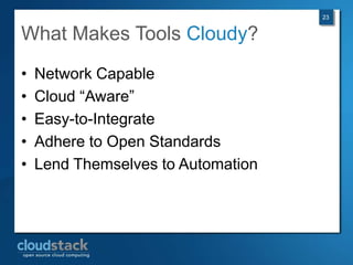CloudStack Cloud Cloud ComputeMulti-Hypervisor SupportRobust Web InterfaceAdvanced Networking CapabilitiesHigh AvailabilityMultiple-Roles for Admins and UsersExtensive APIGPL Licensedwww.cloudstack.org