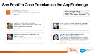 See Email to Case Premium on the AppExchange 
Doug Ramirez - Critical app for our business 
We do a lot of inbound email support and E2CP satisfied a slew of 
requirements that we had that the native Salesforce platform didn't 
provide. 
© 2014 Internet Creations. All rights reserved. http://www.internetcreations.com 
AppExchange Listing: 
http://ic.force.com/e2cp 
Matt Brown - Incredible App! Adds 
tremendous value to Customer Service and 
Case Management in general. 
Mike Carter - Increased Productivity and 
Agents Love it 
We have been using E2CP for nearly a year now and continue to be 
impressed with how much this tool has impacted our agents ability to 
work cases via email. 
Kathleen Nault - Absolutely a MUST for 
Customer Service Organizations 
...stores attachments from inbound emails at case level, centralization 
of case comments/emails eliminates jumping around - piecing together 
the overall life of the case, automatic case team members eliminates 
need to remember to CC people on outbound emails, etc etc. etc. 
 
