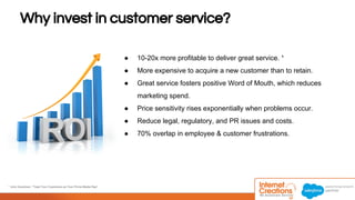 Why invest in customer service? 
● 10-20x more profitable to deliver great service. ¹ 
● More expensive to acquire a new customer than to retain. 
● Great service fosters positive Word of Mouth, which reduces 
marketing spend. 
● Price sensitivity rises exponentially when problems occur. 
● Reduce legal, regulatory, and PR issues and costs. 
● 70% overlap in employee & customer frustrations. 
¹ John Goodman. “Treat Your Customers as Your Prime Media Rep” 
© 2014 Internet Creations. All rights reserved. http://www.internetcreations.com 
 