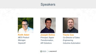 Speakers
Keith Adair
MES Product
Manager,
Sepasoft
Joseph Dolivo
Principal, Digital
Transformation,
4IR Solutions
Travis Cox
Co-Director of Sales
Engineering,
Inductive Automation
 