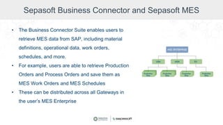 Sepasoft Business Connector and Sepasoft MES
• The Business Connector Suite enables users to
retrieve MES data from SAP, including material
definitions, operational data, work orders,
schedules, and more.
• For example, users are able to retrieve Production
Orders and Process Orders and save them as
MES Work Orders and MES Schedules
• These can be distributed across all Gateways in
the user’s MES Enterprise
 