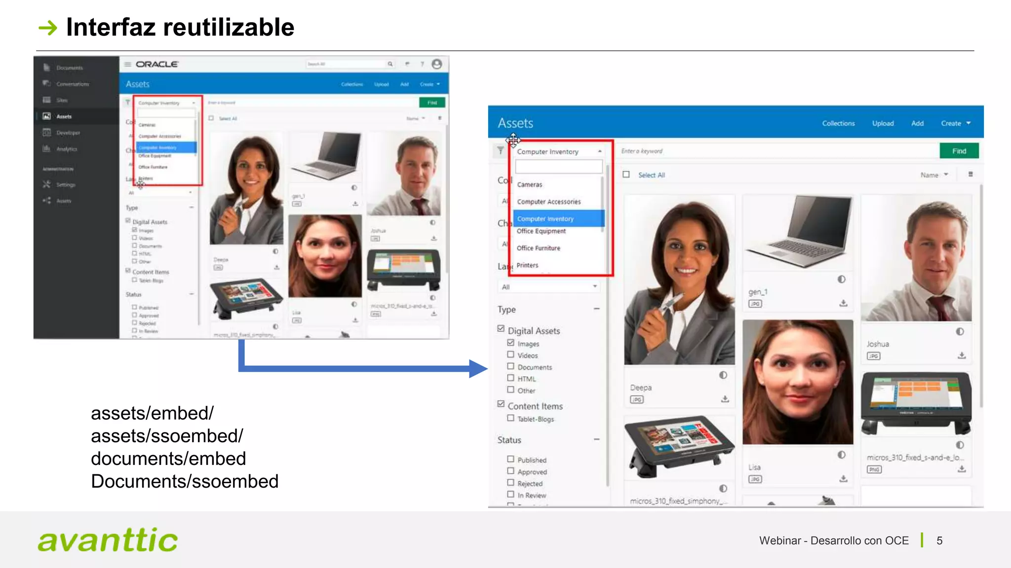 Webinar - Desarrollo con OCE 5
Interfaz reutilizable
assets/embed/
assets/ssoembed/
documents/embed
Documents/ssoembed
 