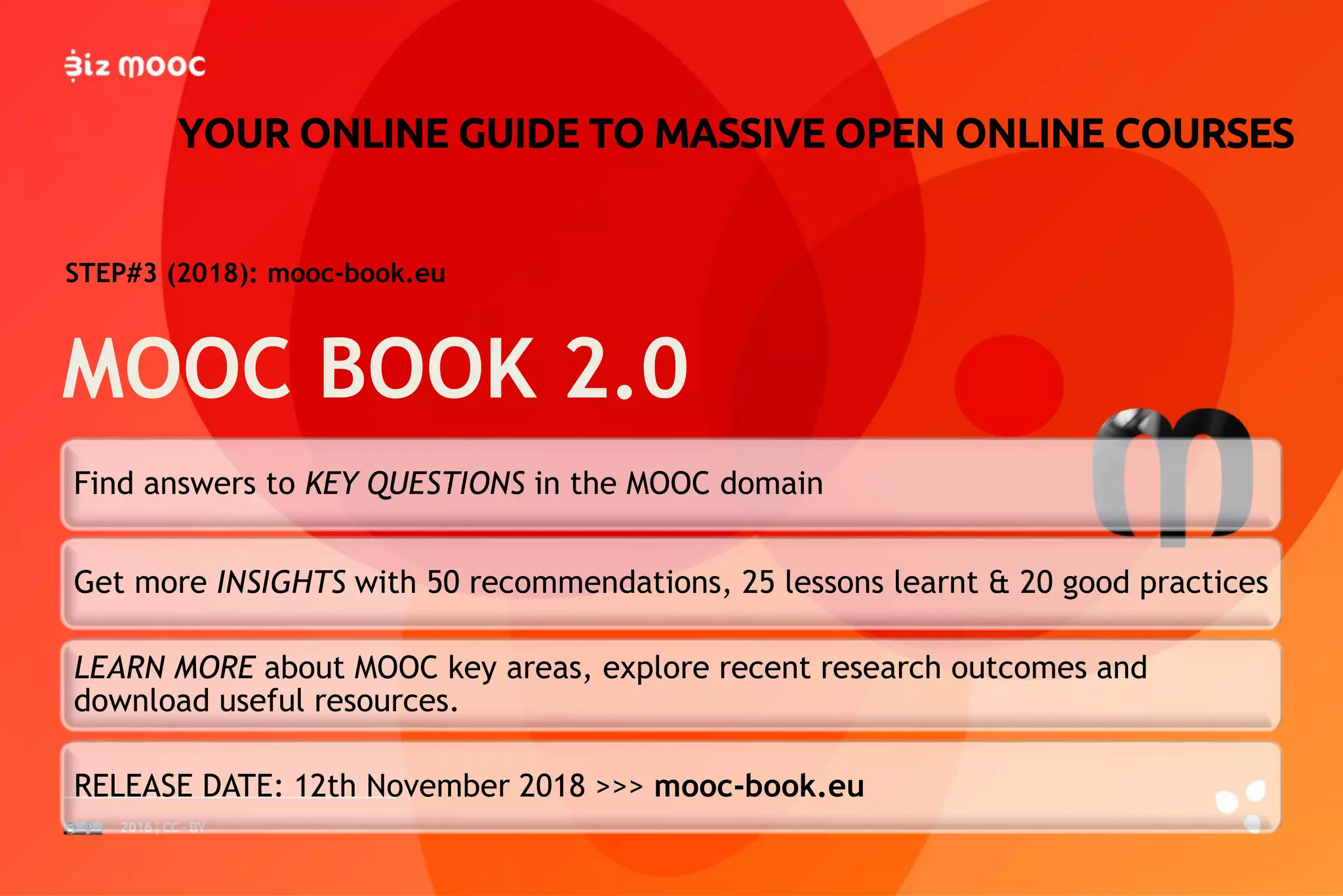 YOUR ONLINE GUIDE TO MASSIVE OPEN ONLINE COURSES
MOOC BOOK 2.0
STEP#3 (2018): mooc-book.eu
Find answers to KEY QUESTIONS in the MOOC domain
Get more INSIGHTS with 50 recommendations, 25 lessons learnt & 20 good practices
LEARN MORE about MOOC key areas, explore recent research outcomes and
download useful resources.
RELEASE DATE: 12th November 2018 >>> mooc-book.eu
 