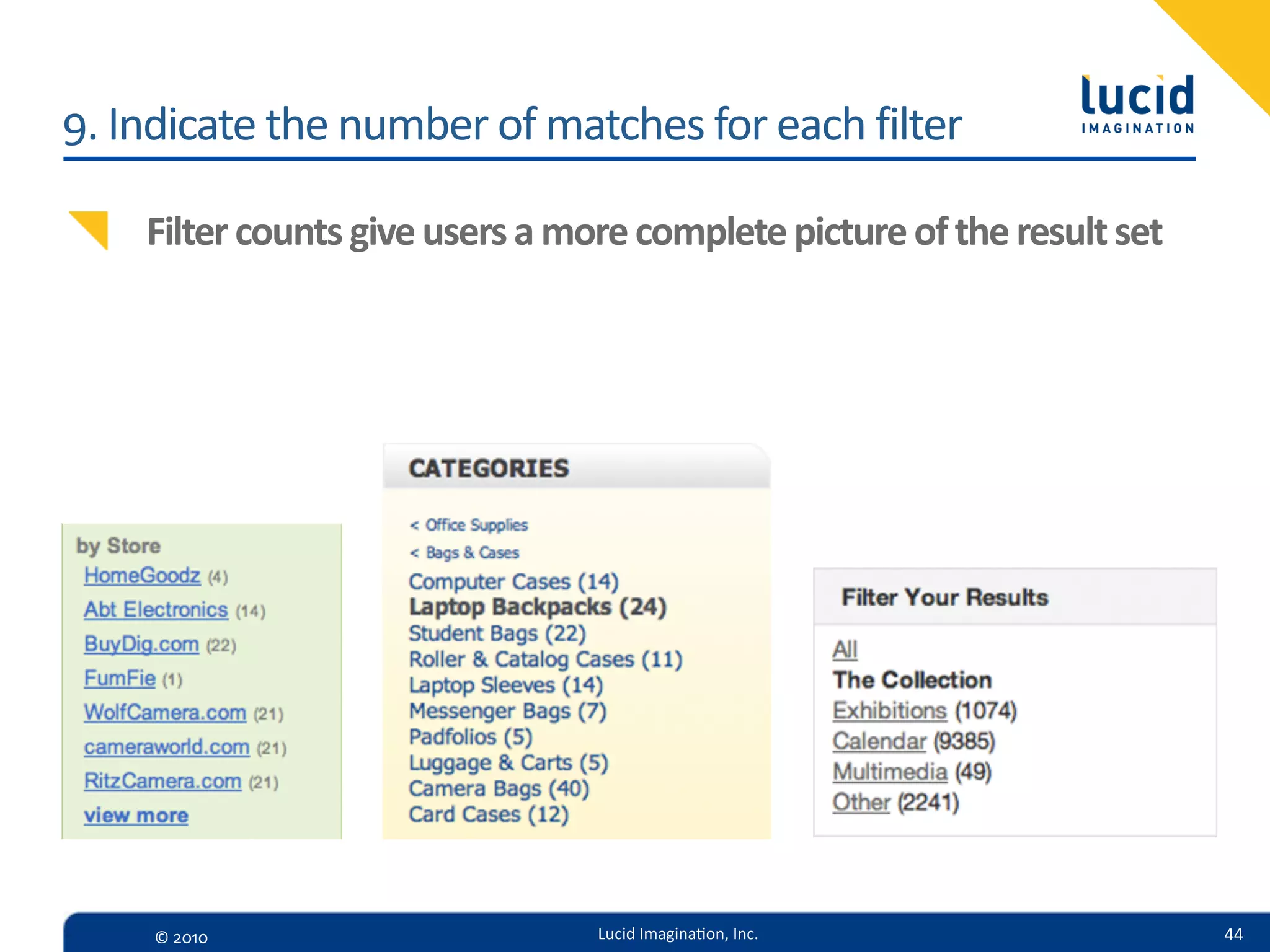 9.  Indicate  the  number  of  matches  for  each  filter

     Filter  counts  give  users  a  more  complete  picture  of  the  result  set




     ©  2010                           Lucid  Imagina,on,  Inc.                      44
 