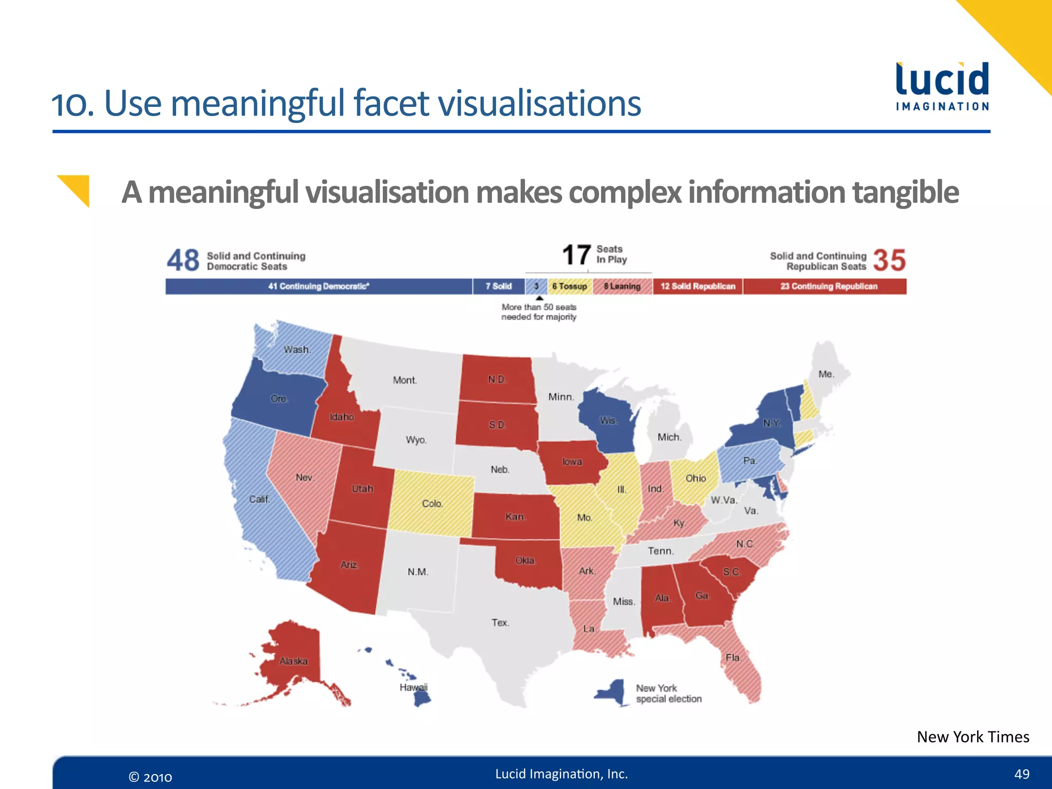 10.  Use  meaningful  facet  visualisations

     A  meaningful  visualisation  makes  complex  information  tangible




                                                                    New  York  Times

     ©  2010                      Lucid  Imagina,on,  Inc.                       49
 