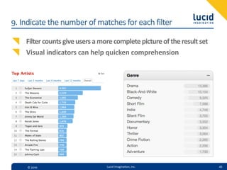 9.  Indicate  the  number  of  matches  for  each  filter

     Filter  counts  give  users  a  more  complete  picture  of  the  result  set
     Visual  indicators  can  help  quicken  comprehension




     ©  2010                           Lucid  Imagina,on,  Inc.                      45
 