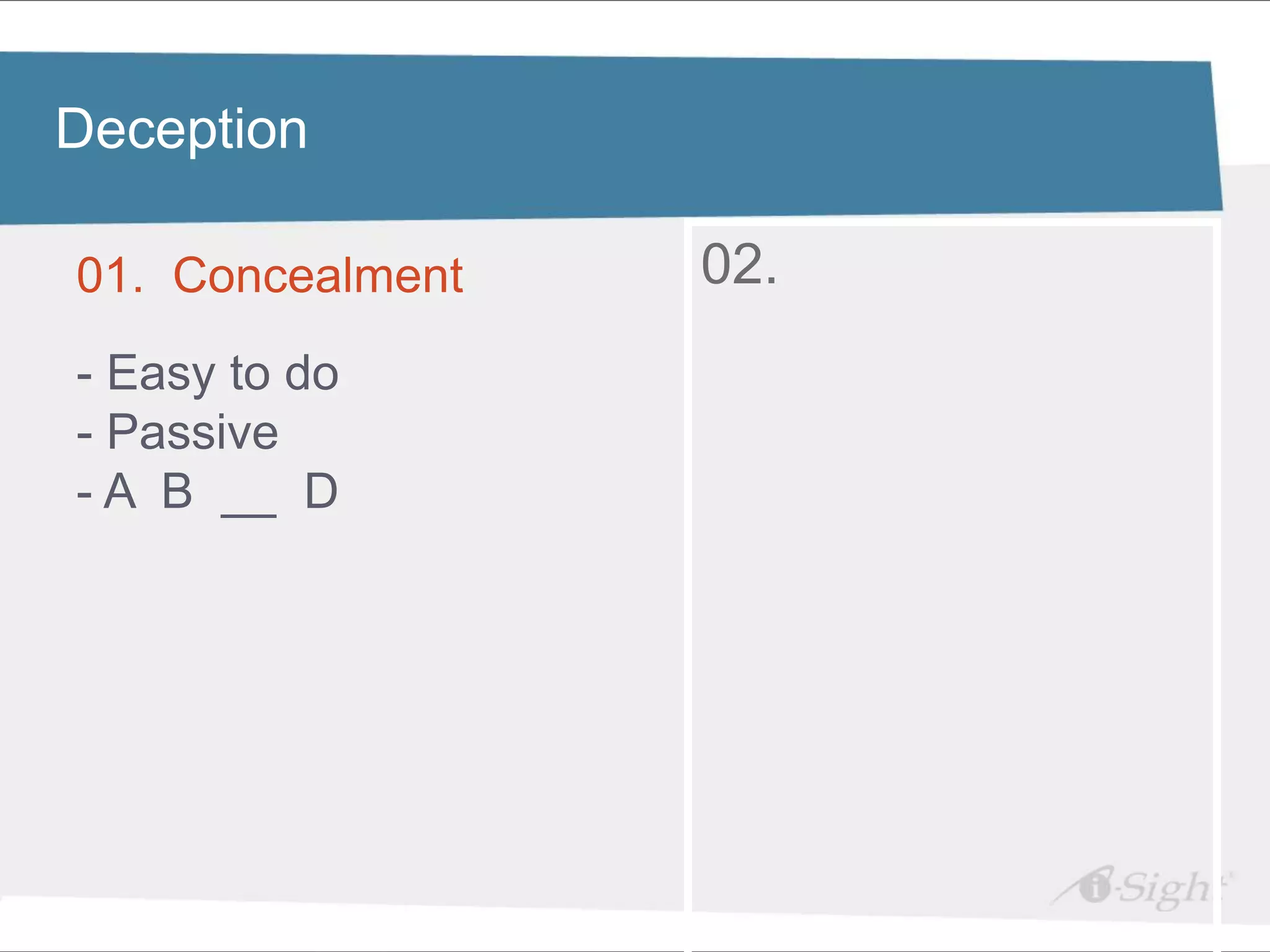 Deception edit Master title style
 Click to

01. Concealmentstyles
• Click to edit Master text   02.
    - fdsfds
- Easy to do
- Passive
- A B __ D
 