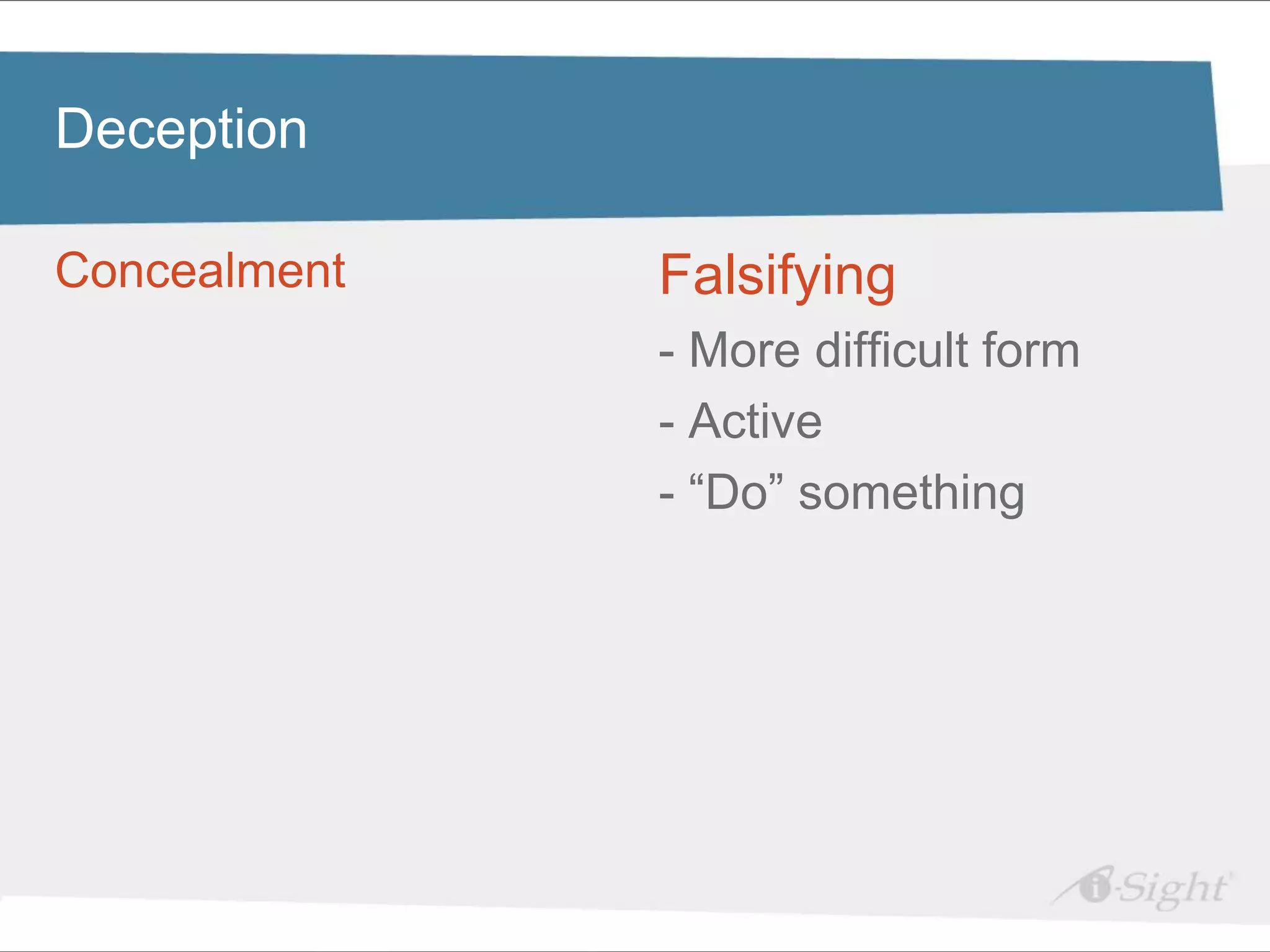 Deception edit Master title style
 Click to

Concealment text styles
 • Click to edit Master   Falsifying
    - fdsfds
                          - More difficult form
                          - Active
                          - “Do” something
 