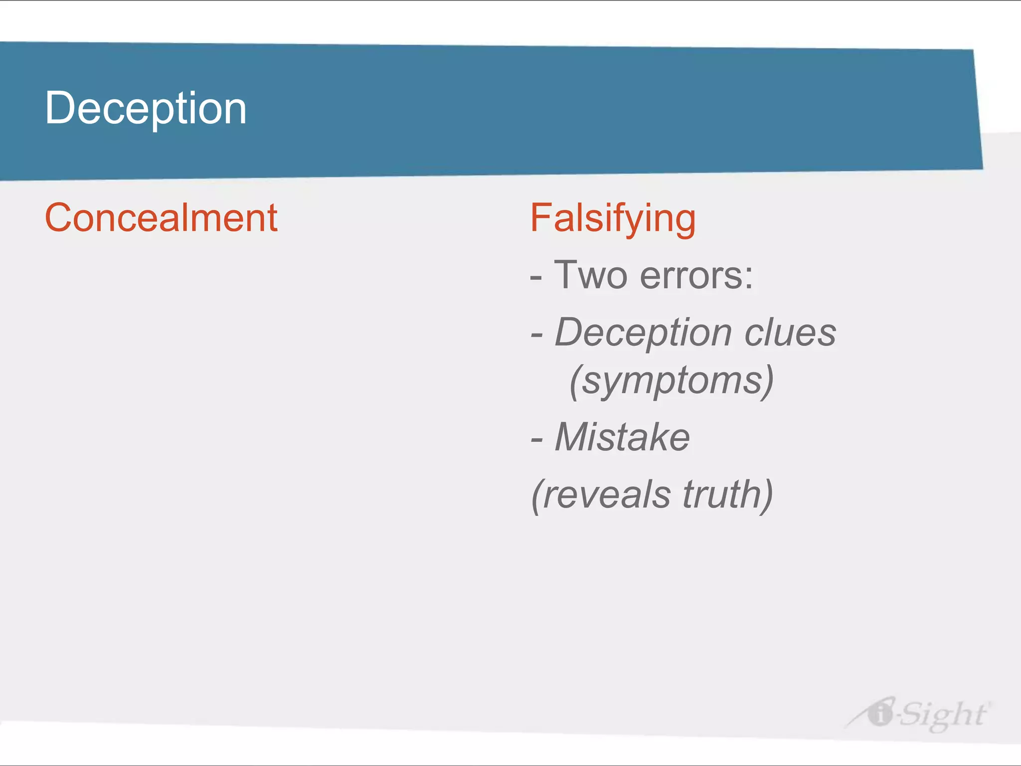 Click to edit Master title style
Deception

Concealment text styles
 • Click to edit Master   Falsifying
    - fdsfds
                          - Two errors:
                          - Deception clues
                             (symptoms)
                          - Mistake
                          (reveals truth)
 